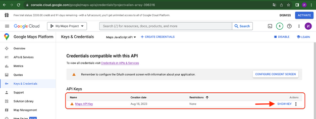 Google Cloud API keys and credentials page