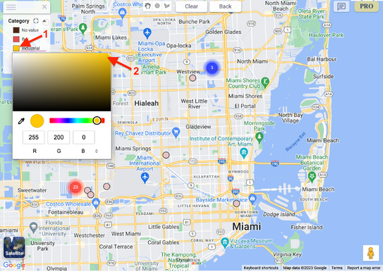 Category color picker displayed over a map